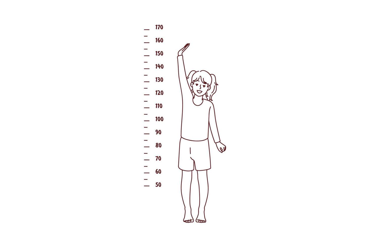 små flicka barn visa höjd stående nära mätning tejp på vägg. liten unge växande som visar på vilket sätt lång hon är. barndom åldring begrepp. vektor illustration.