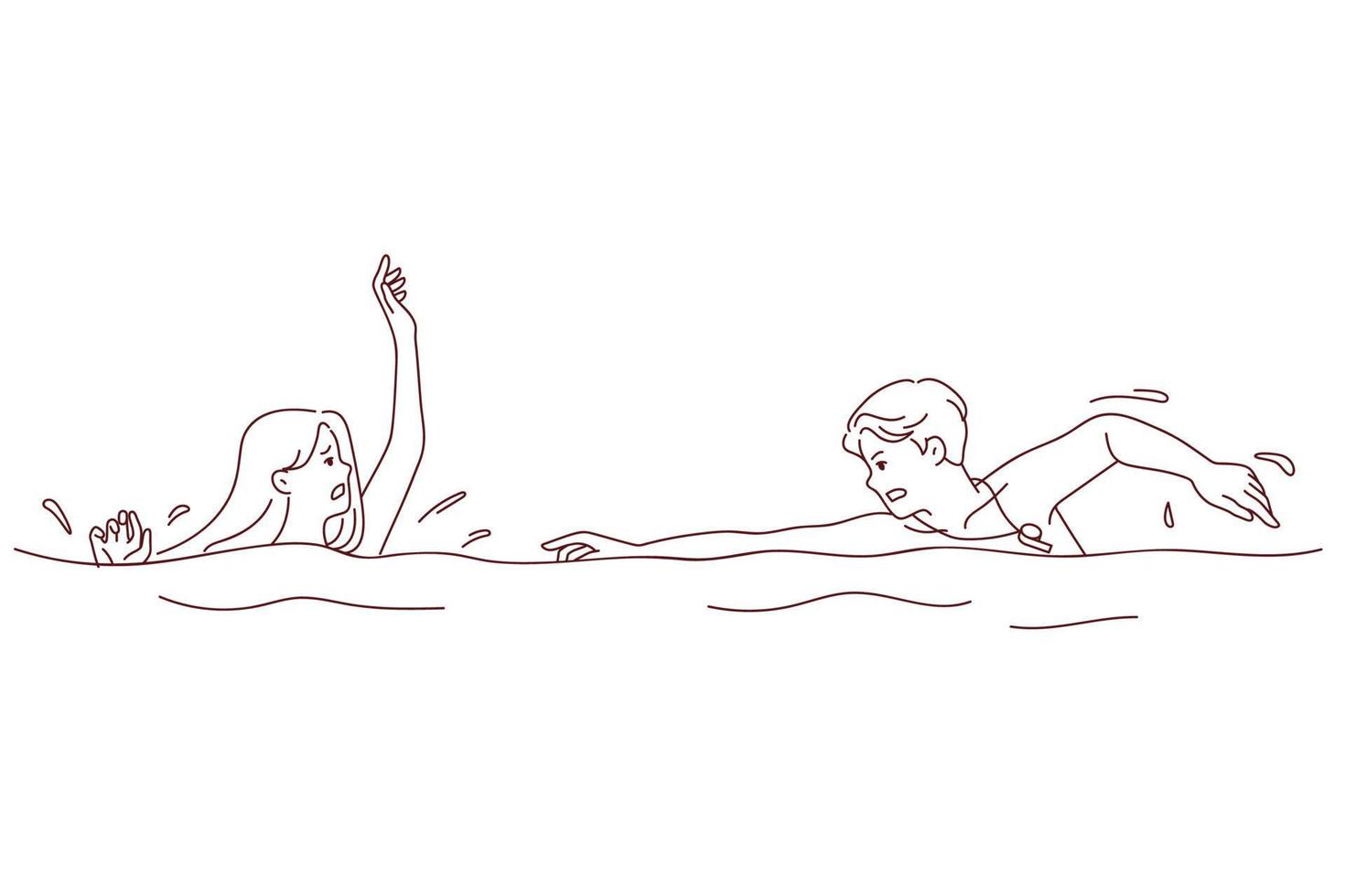 manlig vakt simning till betonade kvinna sjunkande i vatten. räddare rusa till orolig kvinna drunkning i hav eller slå samman. vektor illustration.