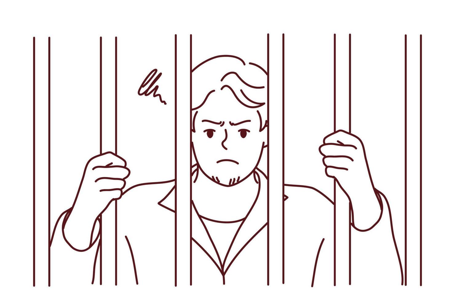 unzufrieden Mann im Kleid hinter Riegel im Gefängnis. wütend männlich kriminell eingesperrt zum Verbrechen oder Vergehen. Haft und Satz. Vektor Illustration.