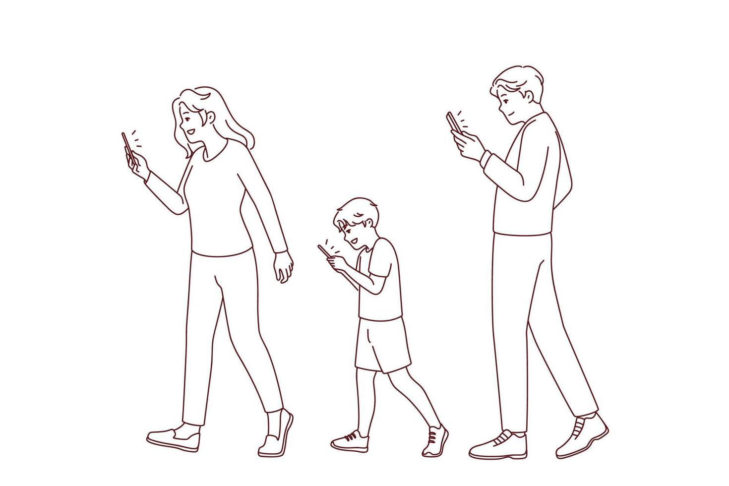 Familie mit Kind Gehen Straße halten Smartphones. süchtig Eltern und Kind mit Handy. Handy, Mobiltelefon Telefone und Technologie Sucht. Vektor Illustration.