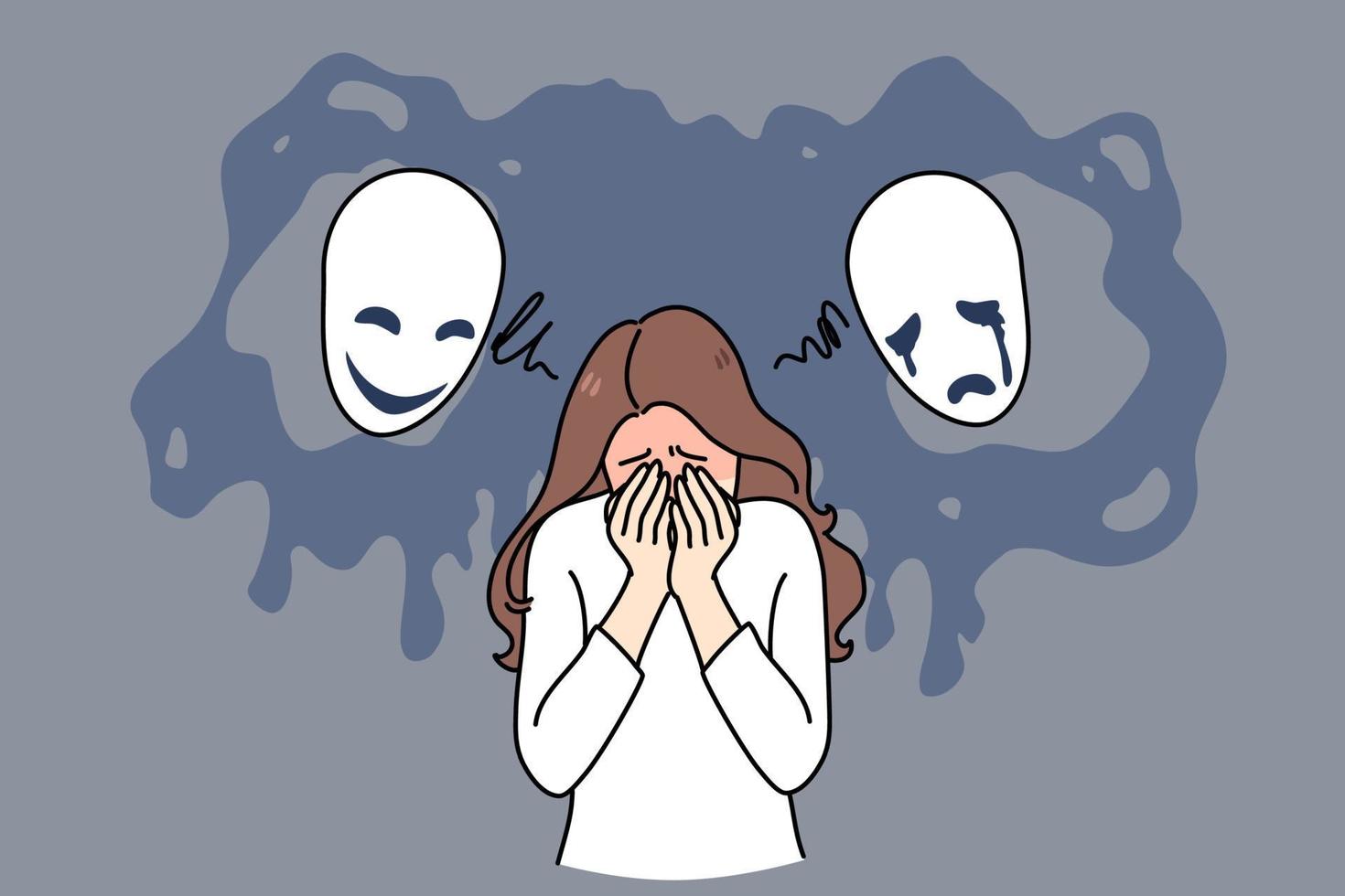 traurig Frau Gefühl deprimiert leiden von mental oder psychologisch bipolar Störung. unzufrieden Mädchen Kampf mit Schizophrenie oder emotional psychiatrisch Probleme brauchen Behandlung. Vektor Illustration.