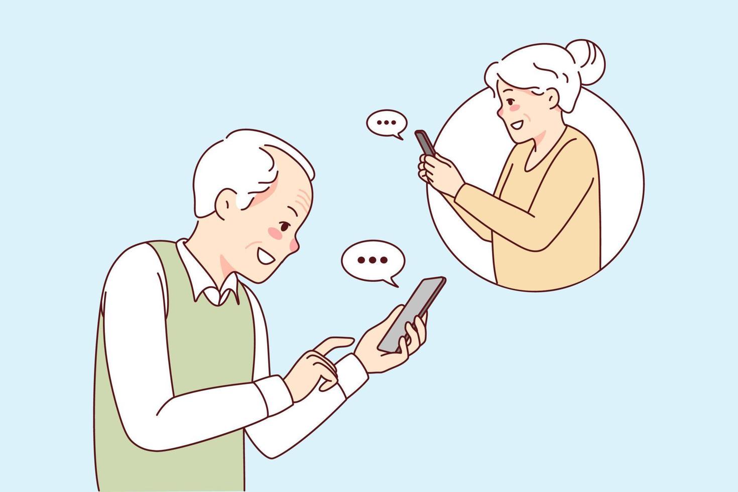 Lycklig modern farföräldrar text uppkopplad på mobiltelefoner. leende mogna man och kvinna skicka meddelanden på internet på mobil telefon. ny teknologi. vektor illustration.