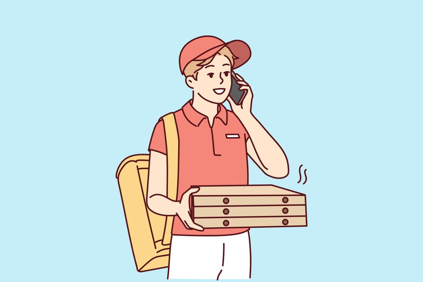 lächelnd männlich Kurier im Uniform liefern heiß Pizza zu Klient. glücklich Lieferant mit Pizza Kisten im Hände. Essen Lieferung Service. Vektor Illustration.