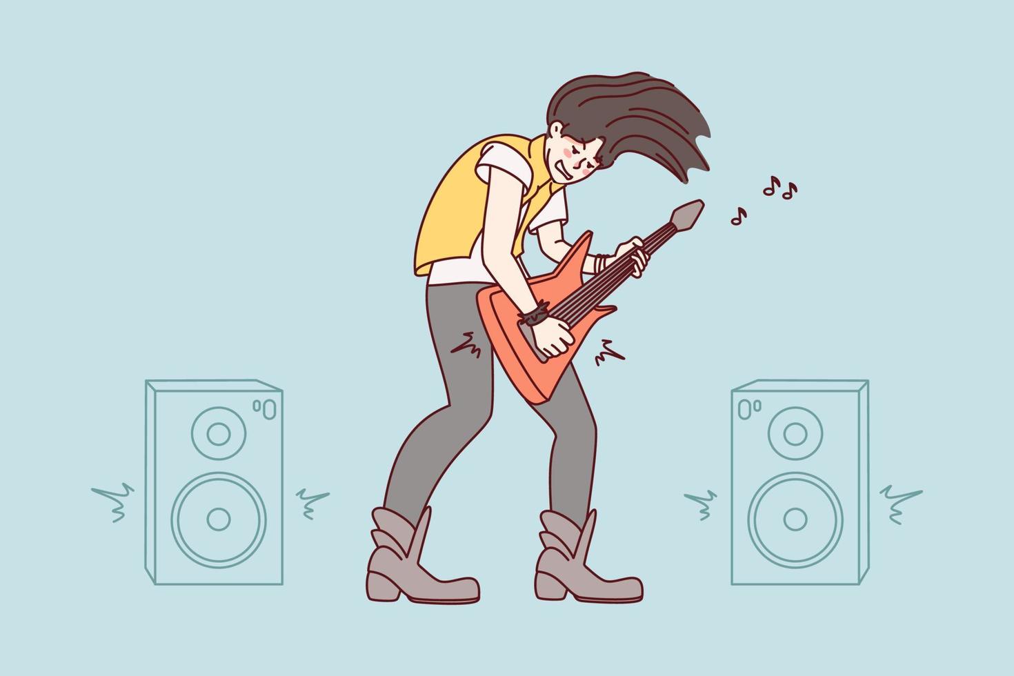 Rocker mit elektrisch Gitarre haben Spaß abspielen auf Bühne. Frau im Felsen Kleidung und Stiefel ausführen auf Konzert. Musik- und Leistung. Vektor Illustration.