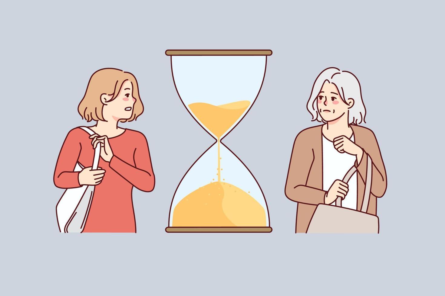 jung und alt Frau mit Sanduhr zwischen ihnen. Konzept von schnell Leben und Altern. weiblich Leben Zyklus. Vektor Illustration.