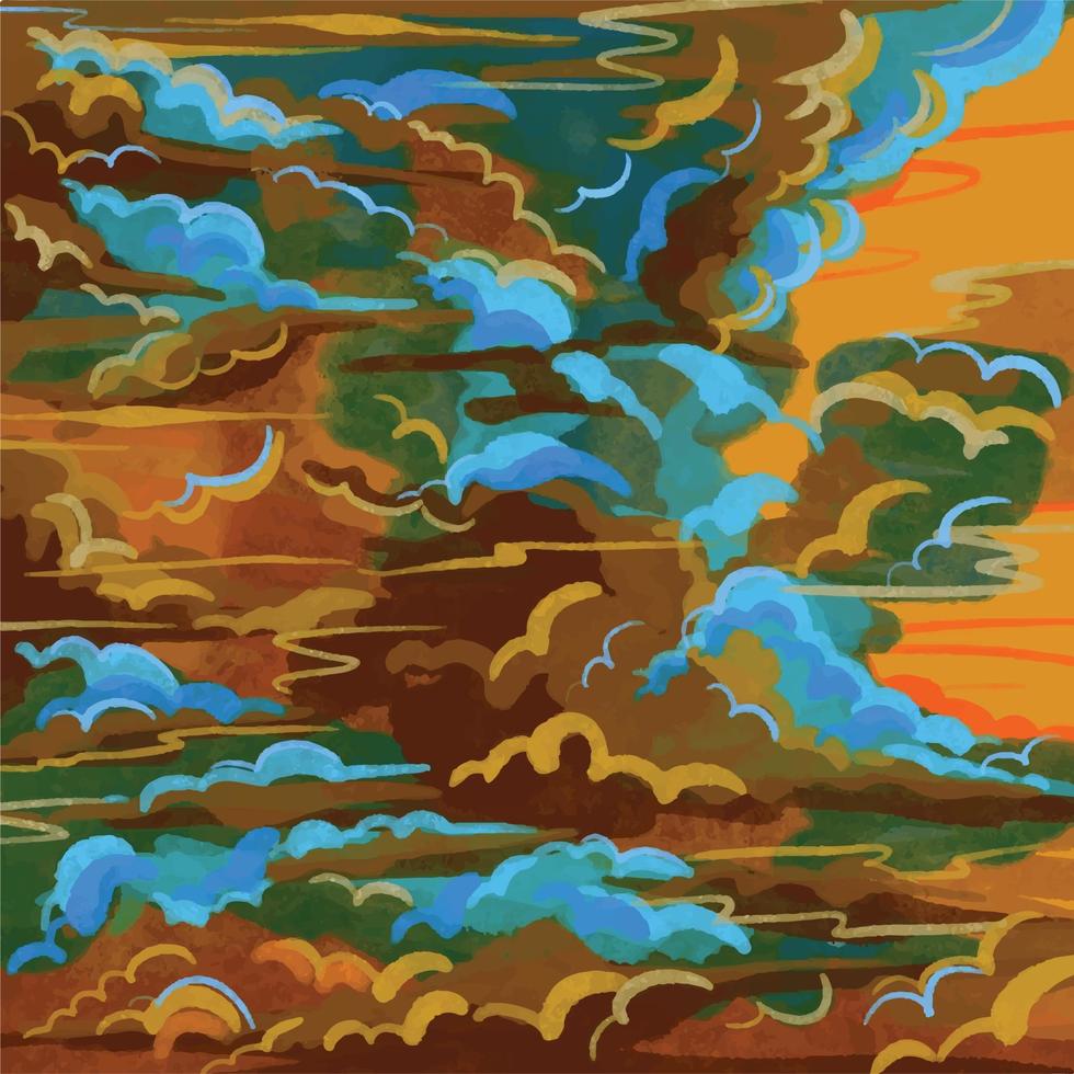 Gelb Ocker Orange und Blau Wolken Himmel Vektor Illustration mit grungy Bürste Textur isoliert auf Platz Vorlage