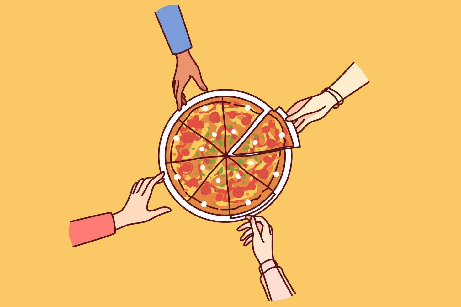 Nahansicht von Menschen Essen Pizza zusammen. freunde oder Kollegen Teilen Italienisch schnell Essen beim Arbeit brechen im Büro. Vektor Illustration.