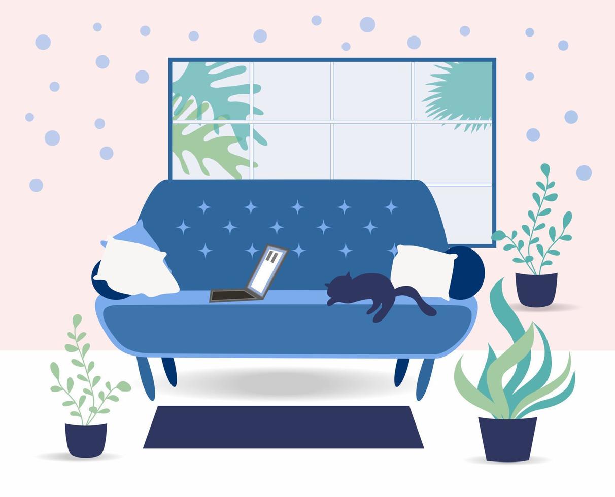 levande rum interiör design med sovande katt och möbel stol, kuddar, växt och tabell med böcker och kopp. vektor