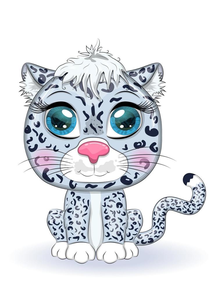 Karikatur Schnee Leopard mit ausdrucksvoll Augen. wild Tiere, Charakter, kindisch süß Stil. vektor