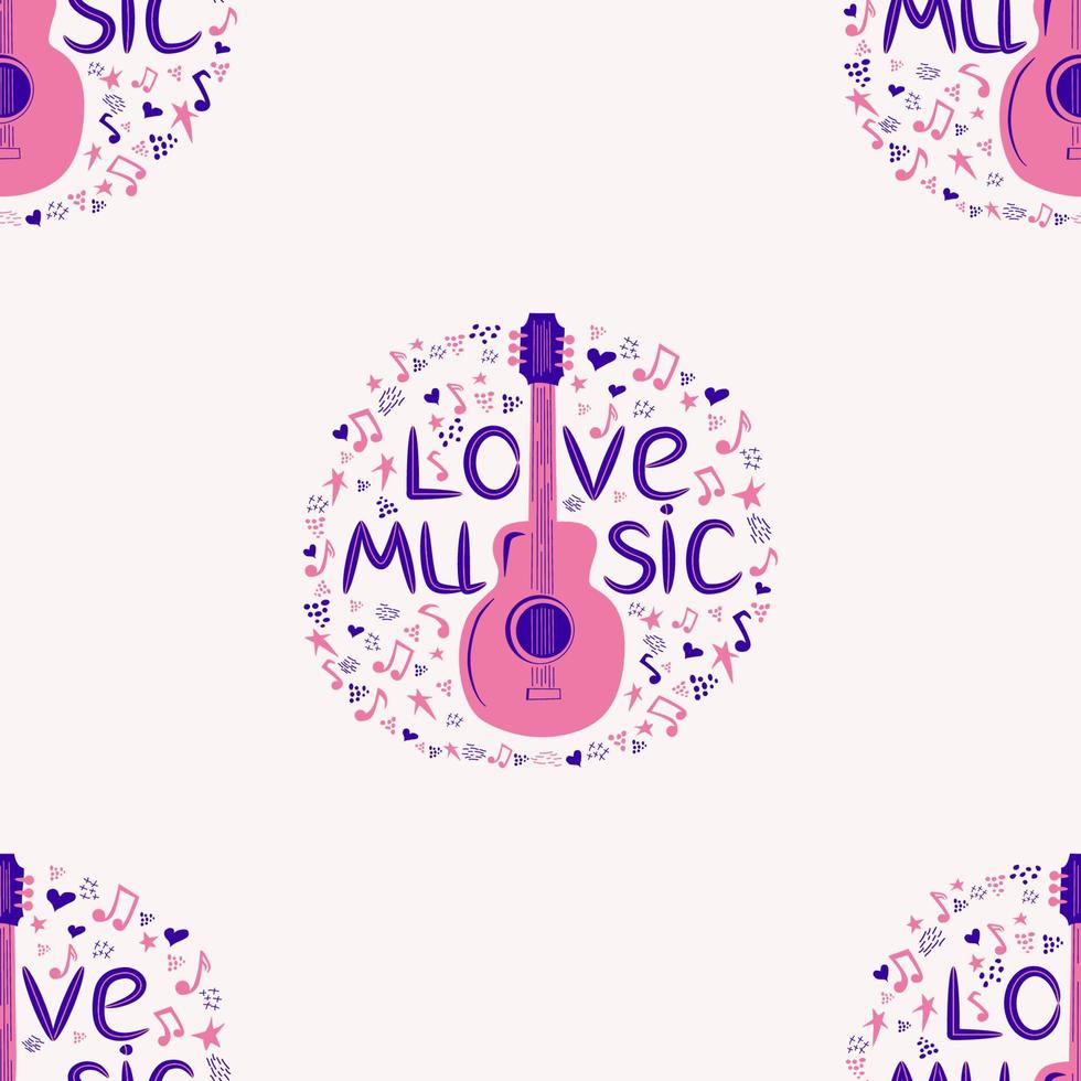 kärlek musik sömlös mönster med Land gitarr, musik anteckningar, diskant klav, hjärtan, dekorativ element. vektor