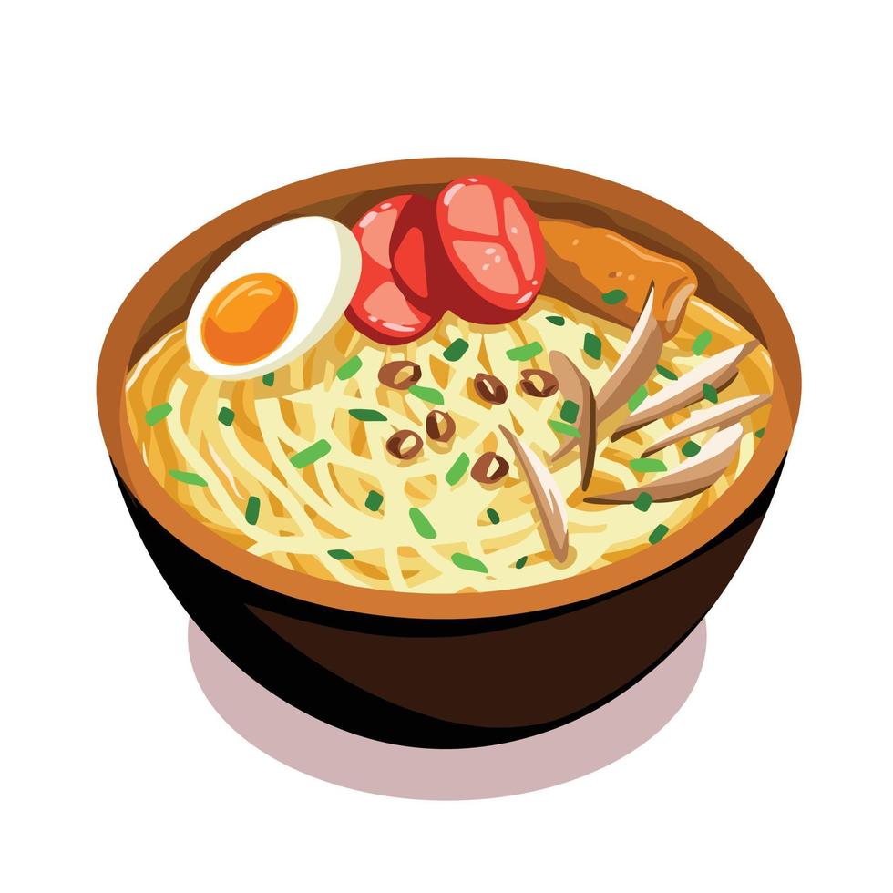 soto mie ayam. Hähnchen Nudel mit Ei und Tomate. indonesisch Gourmet lecker Essen Vektor Illustration isoliert auf einfach Weiß Platz Hintergrund. Essen Zeichnung mit Karikatur einfach eben farbig Kunst Stil.