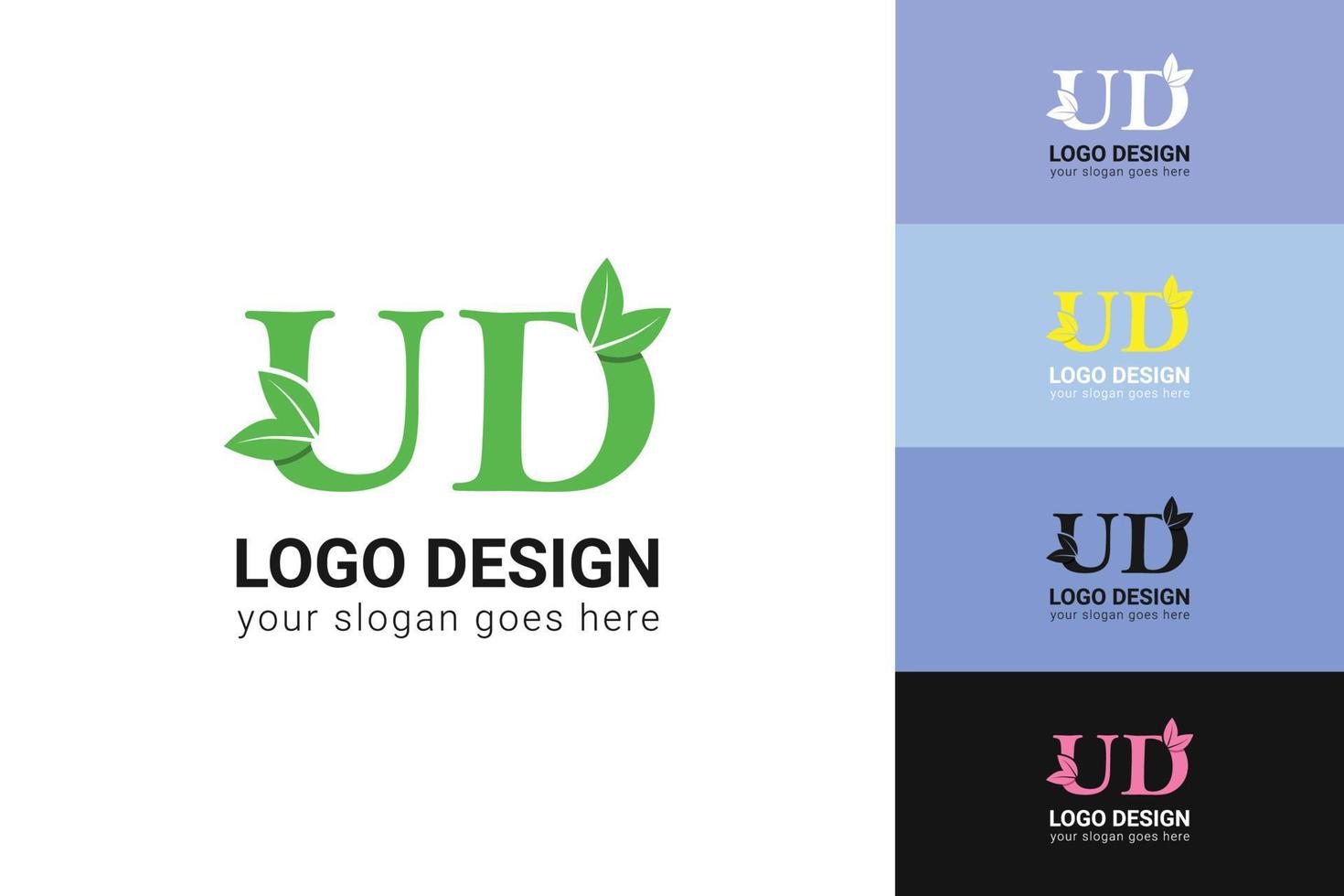 ud Briefe Öko Logo mit Grün Blatt. Ökologie Brief Logo. Vektor Schrift zum Natur Poster, Öko freundlich Emblem, vegan Identität, Kräuter- und botanisch Karten usw.