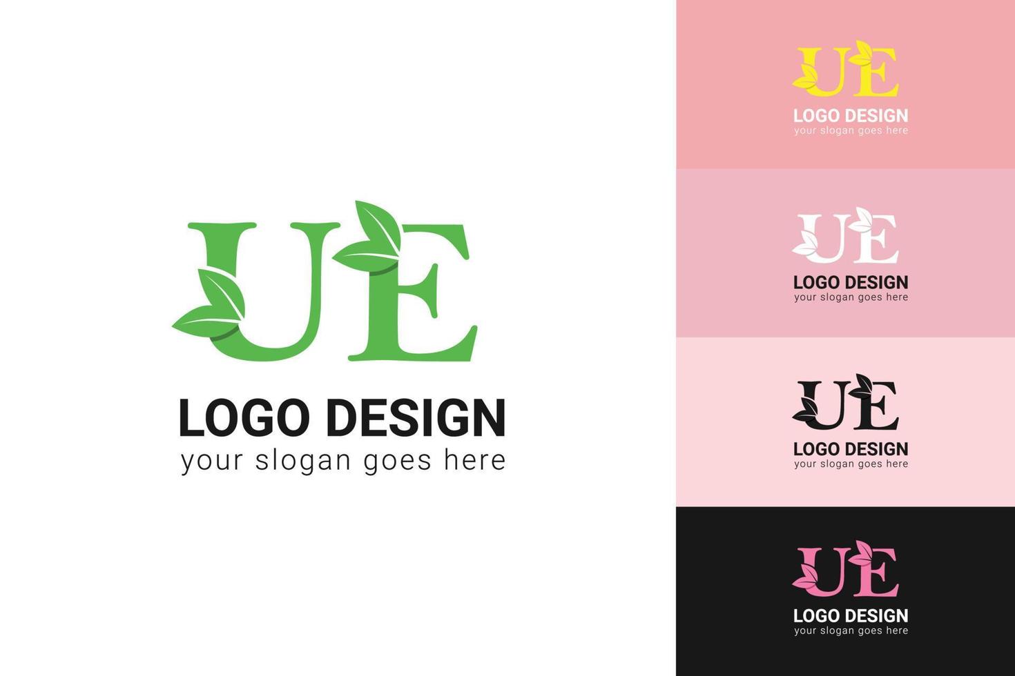 ue Briefe Öko Logo mit Grün Blatt. Ökologie Brief Logo. Vektor Schrift zum Natur Poster, Öko freundlich Emblem, vegan Identität, Kräuter- und botanisch Karten usw.