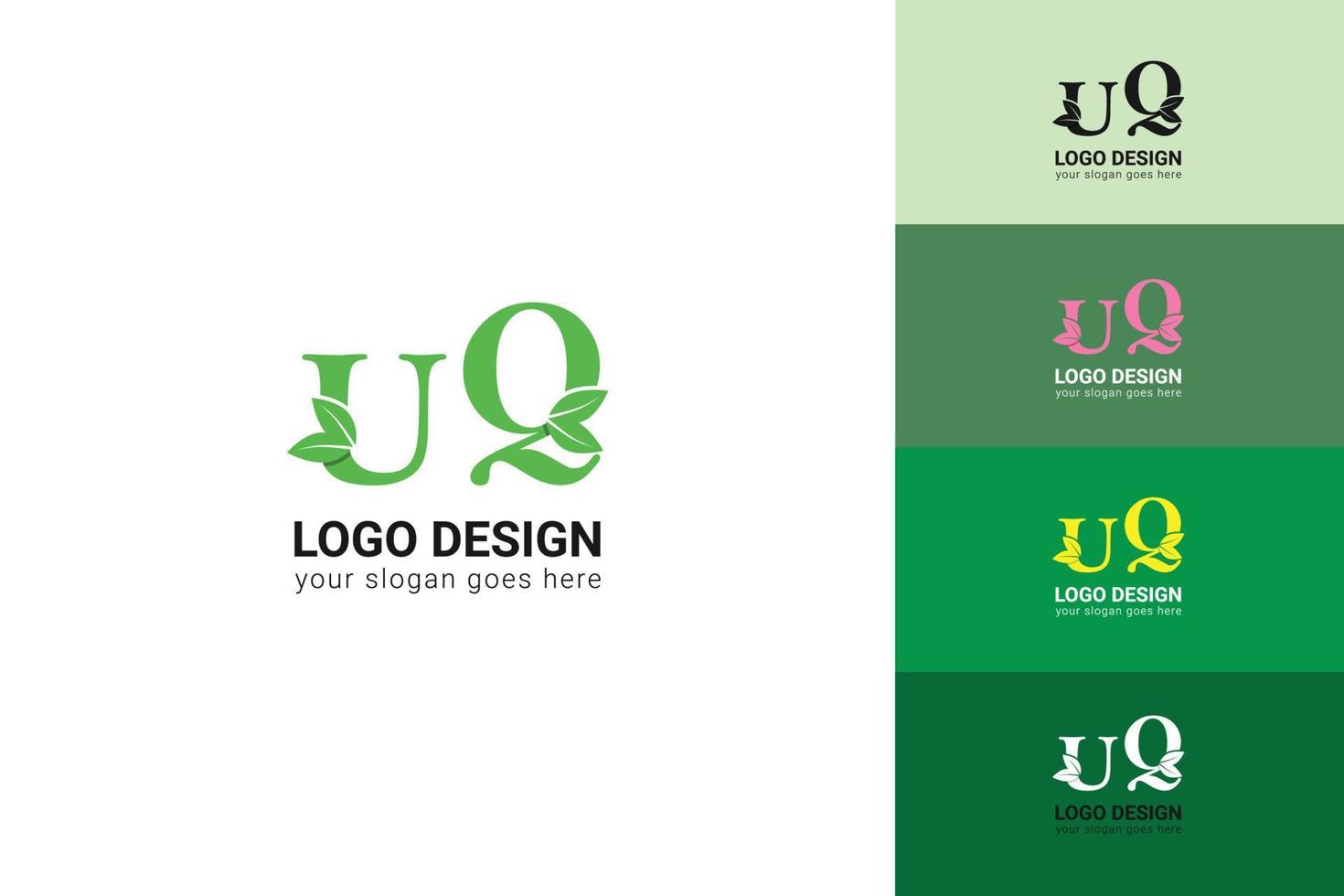 uq brev eco logotyp med grön blad. ekologi brev logotyp. vektor typsnitt för natur affischer, eco vänlig emblem, vegan identitet, ört- och botanisk kort etc.