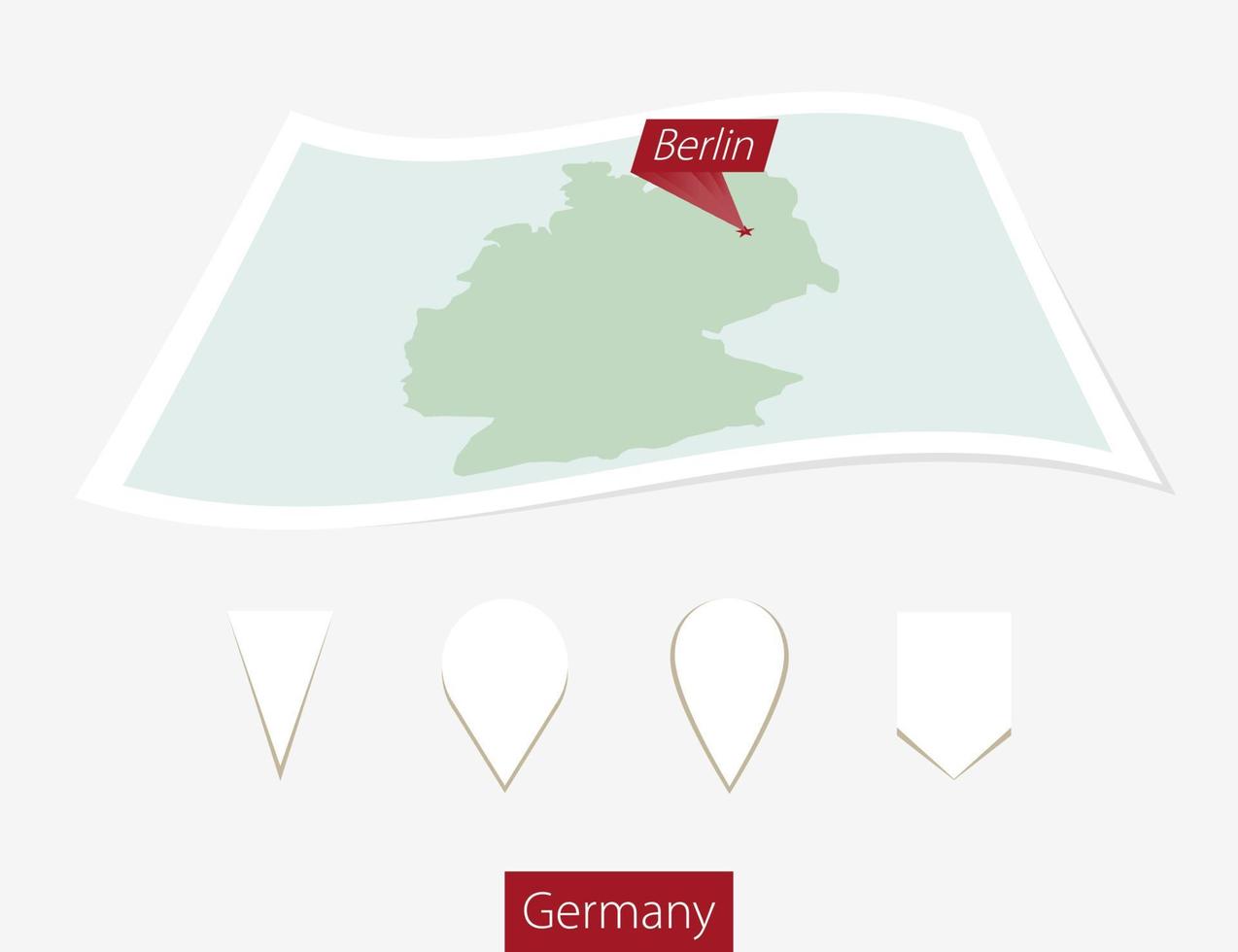 gebogen Papier Karte von Deutschland mit Hauptstadt Berlin auf grau Hintergrund. vier anders Karte Stift Satz. vektor