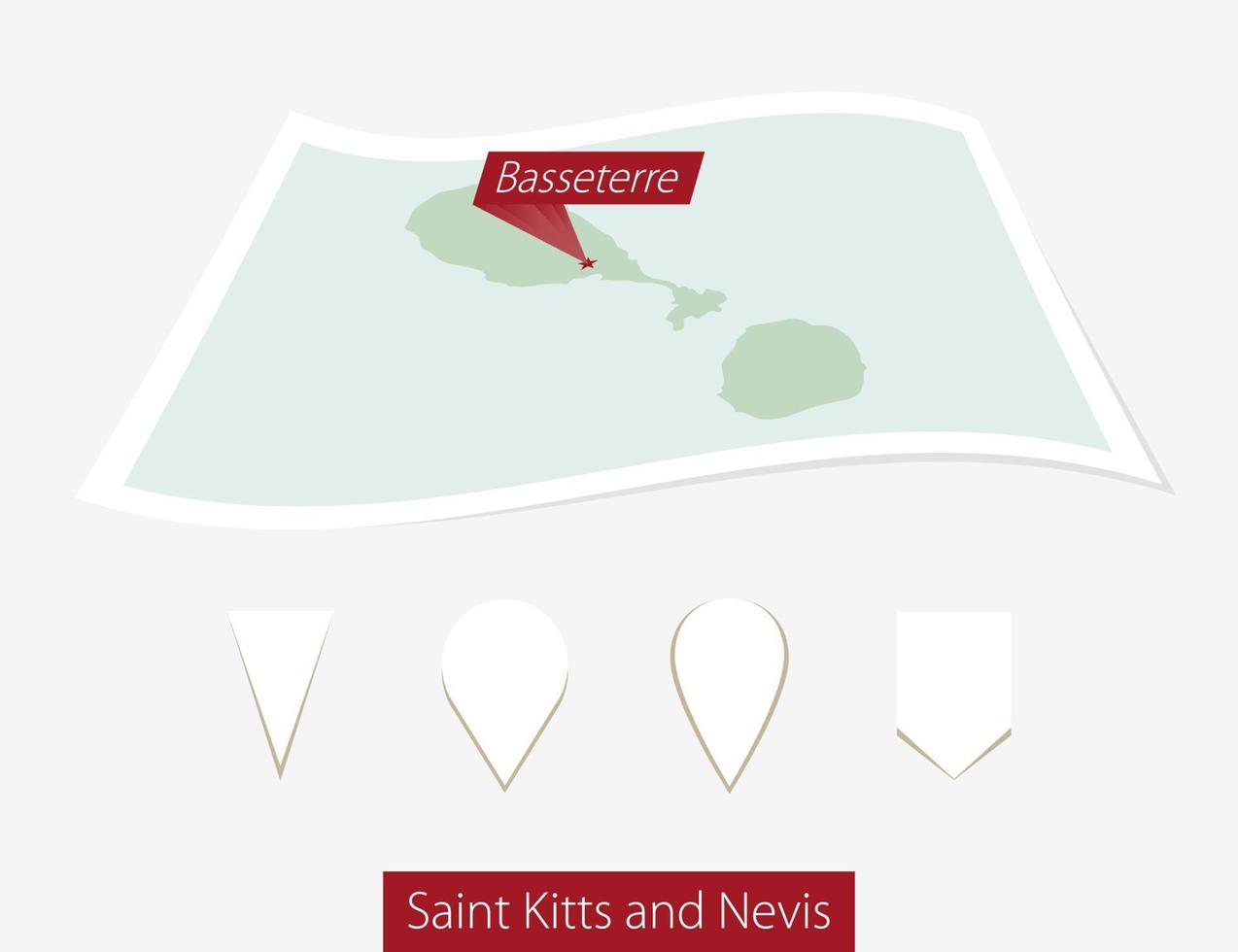 gebogen Papier Karte von Heilige Kätzchen und nevis mit Hauptstadt Basseterre auf grau Hintergrund. vier anders Karte Stift Satz. vektor