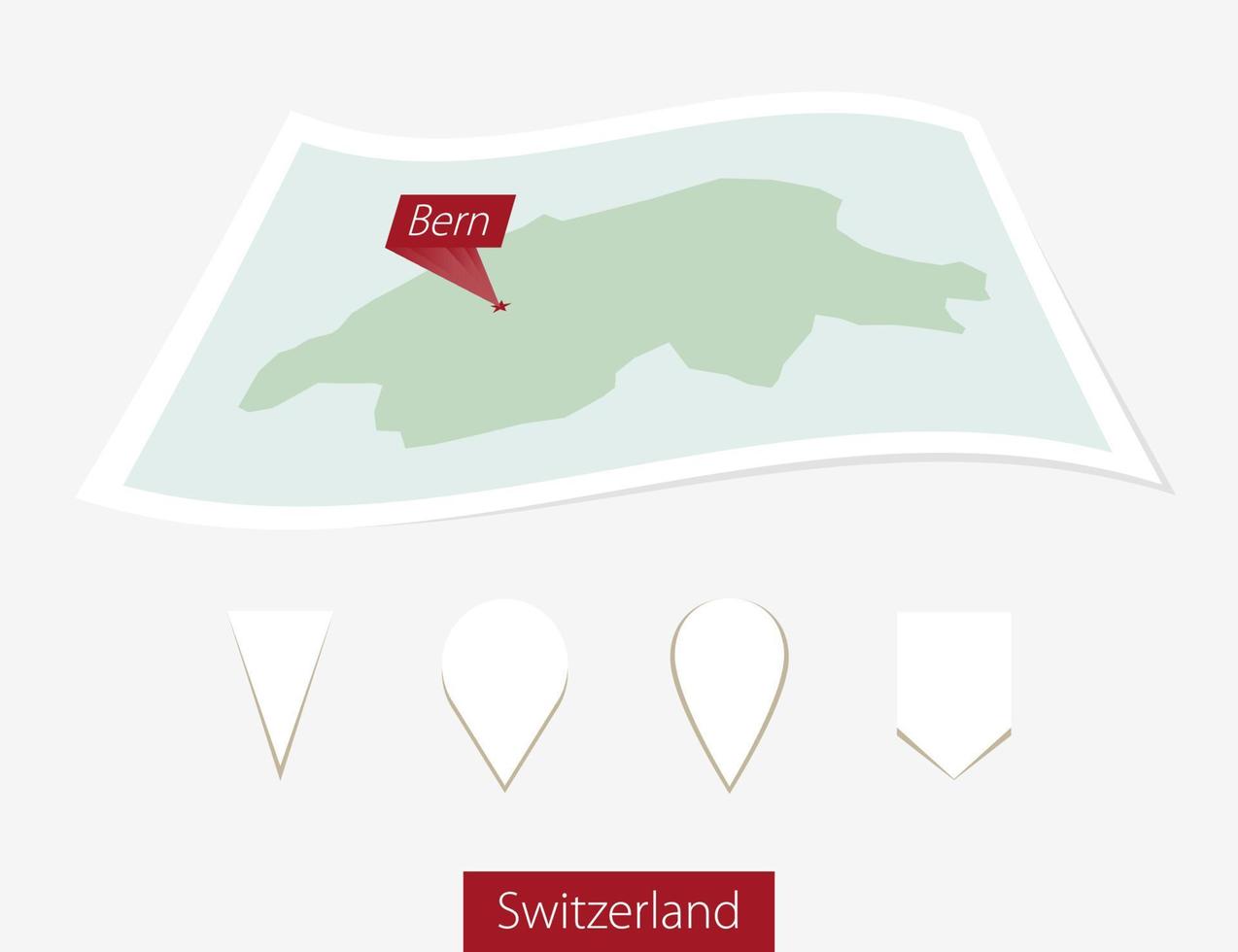 gebogen Papier Karte von Schweiz mit Hauptstadt Bern auf grau Hintergrund. vier anders Karte Stift Satz. vektor