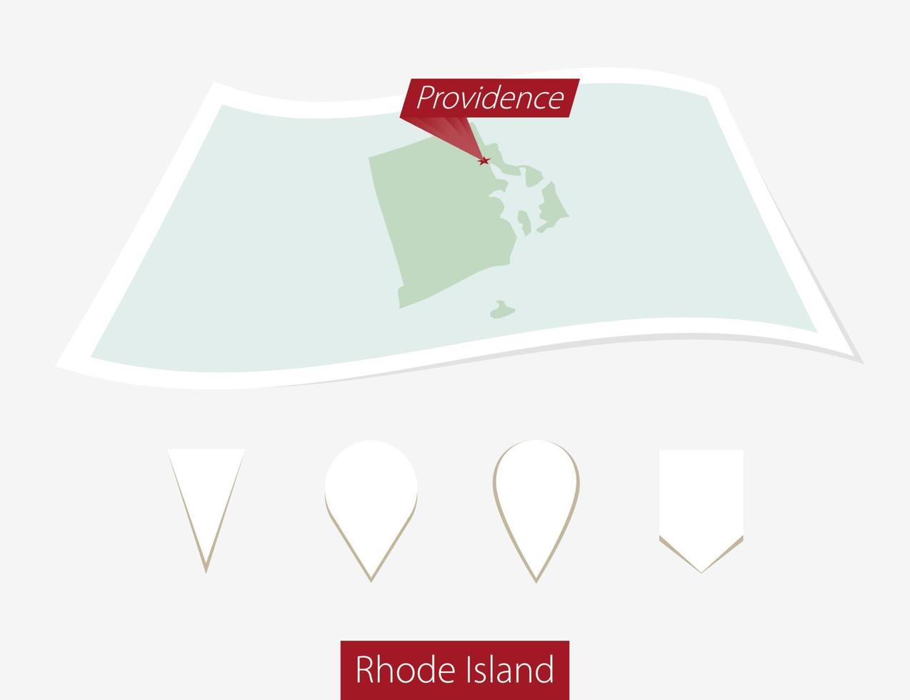 gebogen Papier Karte von Rhode Insel Zustand mit Hauptstadt Vorsehung auf grau Hintergrund. vier anders Karte Stift Satz. vektor