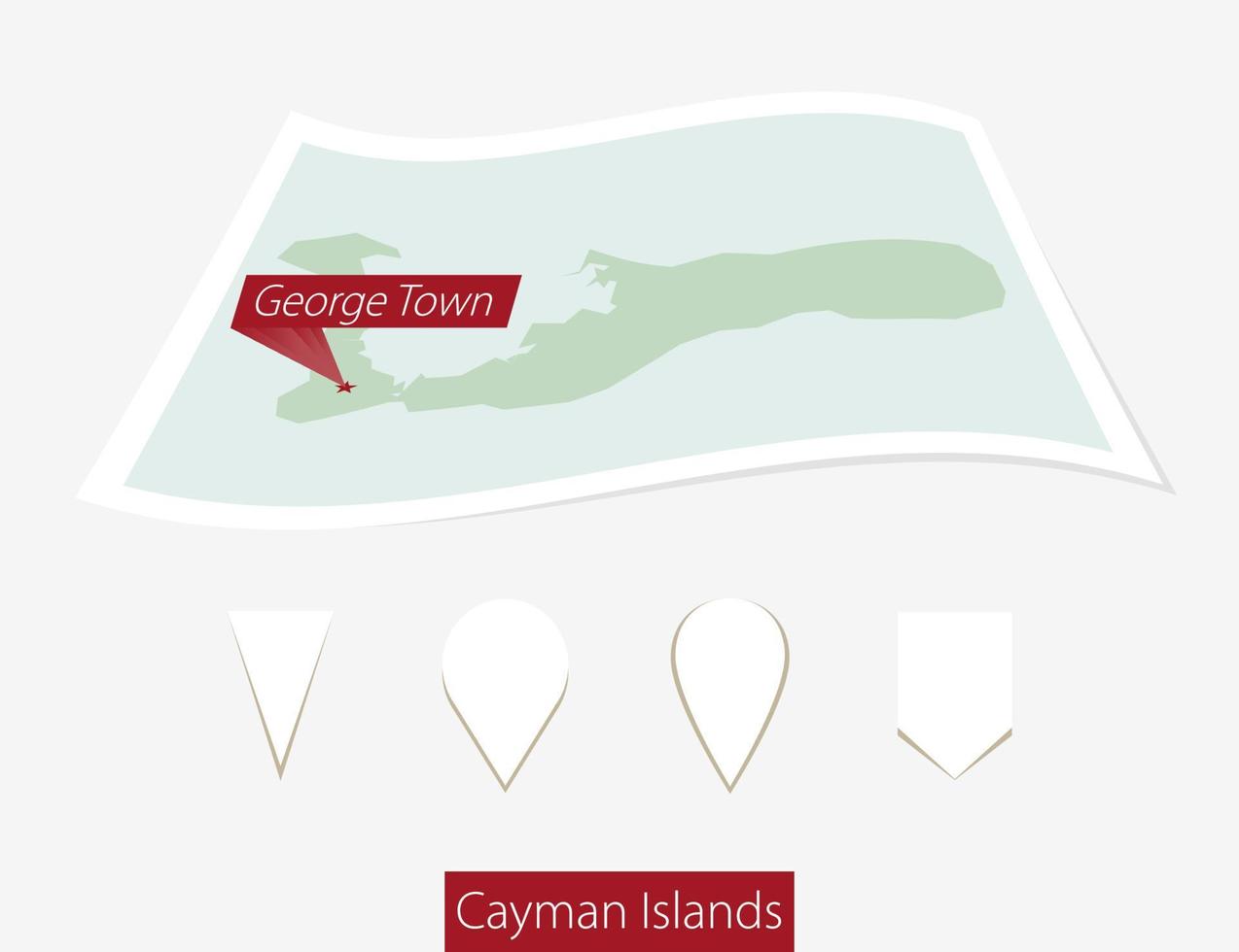 gebogen Papier Karte von Cayman Inseln mit Hauptstadt George Stadt, Dorf auf grau Hintergrund. vier anders Karte Stift Satz. vektor