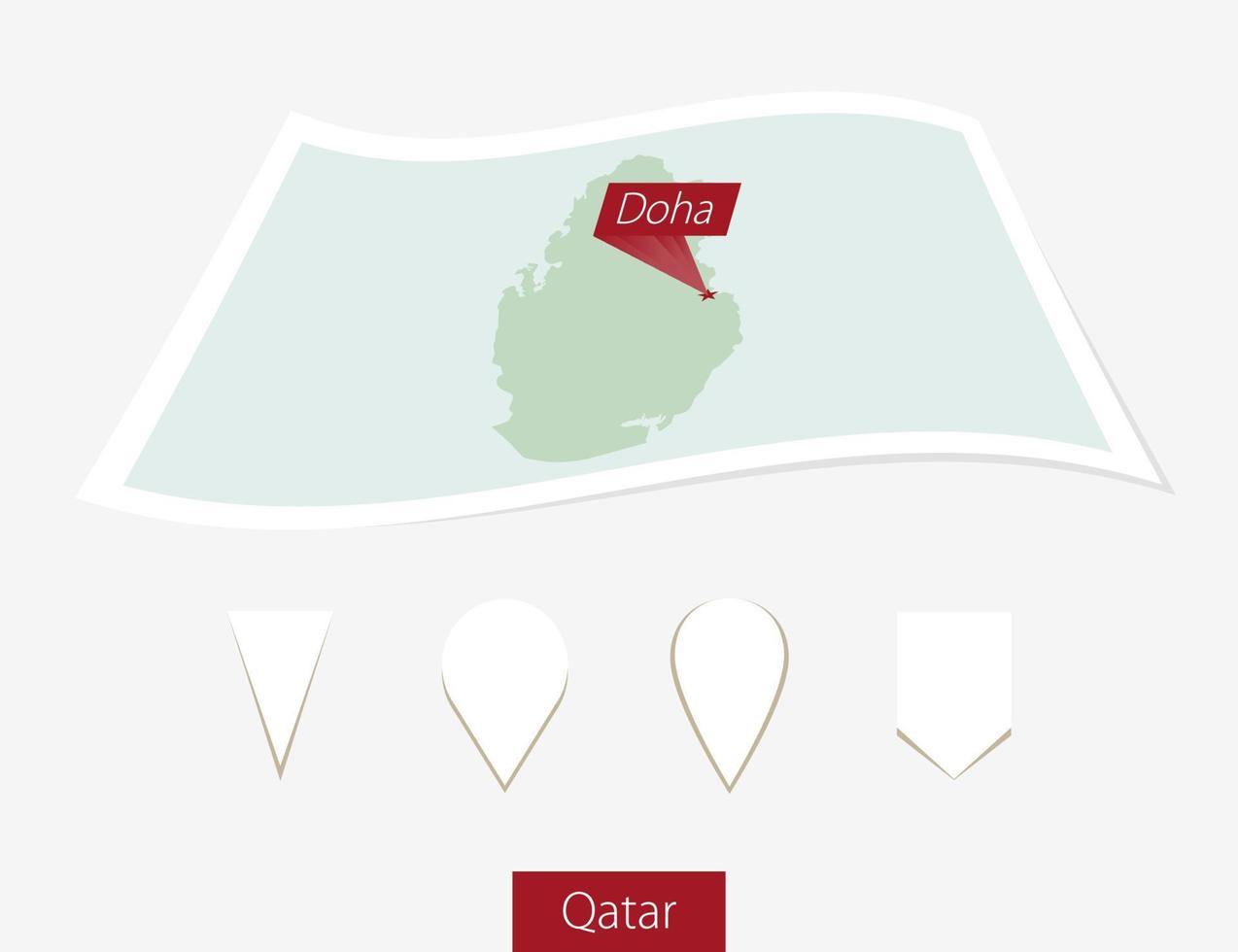 gebogen Papier Karte von Katar mit Hauptstadt Doha auf grau Hintergrund. vier anders Karte Stift Satz. vektor