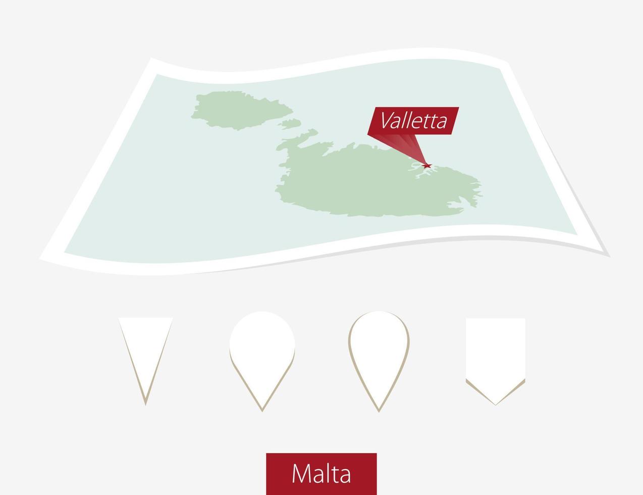 gebogen Papier Karte von Malta mit Hauptstadt Valletta auf grau Hintergrund. vier anders Karte Stift Satz. vektor