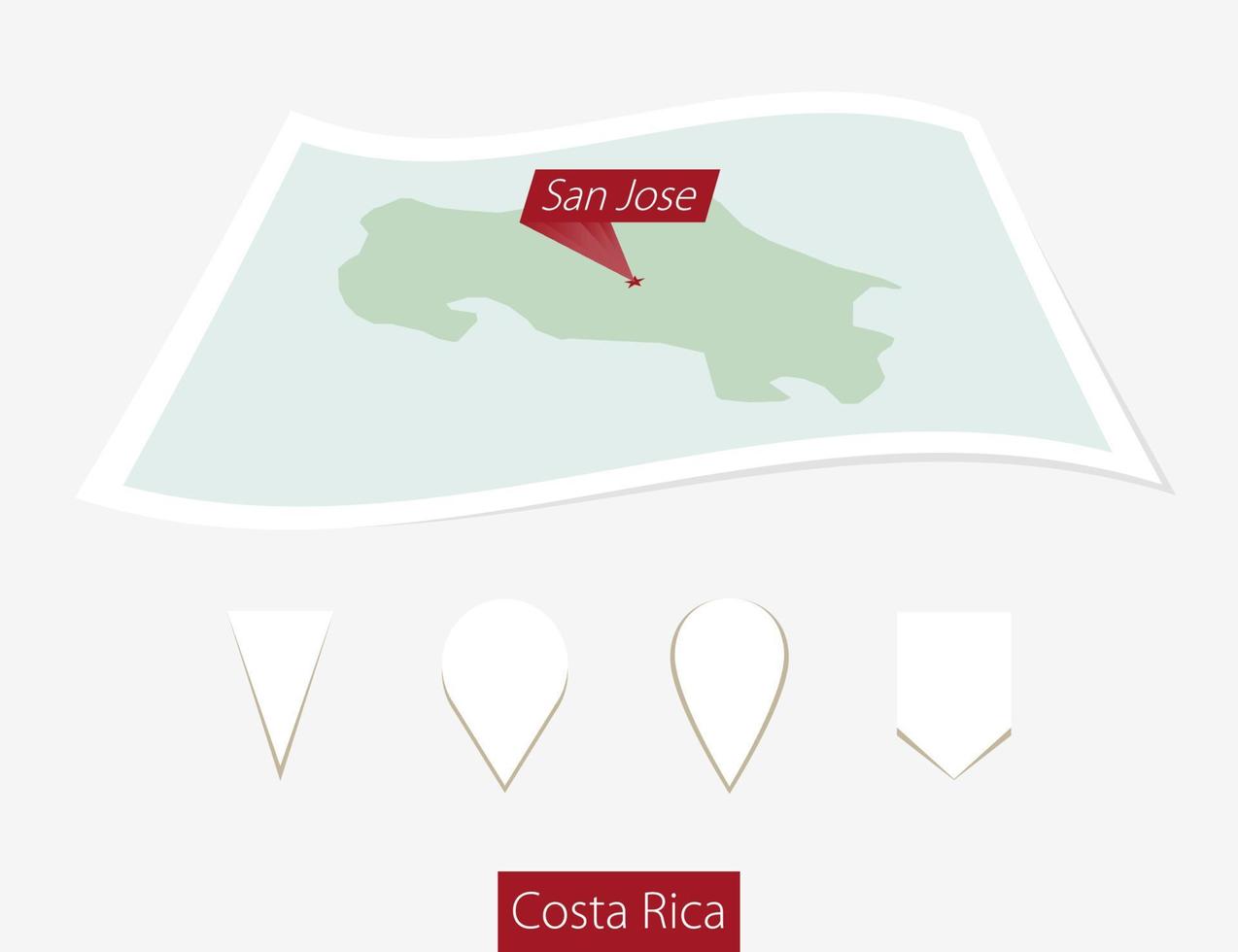 böjd papper Karta av costa rica med huvudstad san jose på grå bakgrund. fyra annorlunda Karta stift uppsättning. vektor