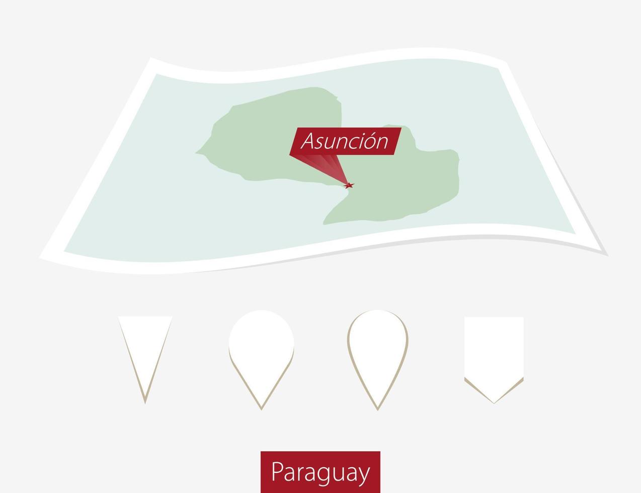 böjd papper Karta av paraguay med huvudstad asuncion på grå bakgrund. fyra annorlunda Karta stift uppsättning. vektor