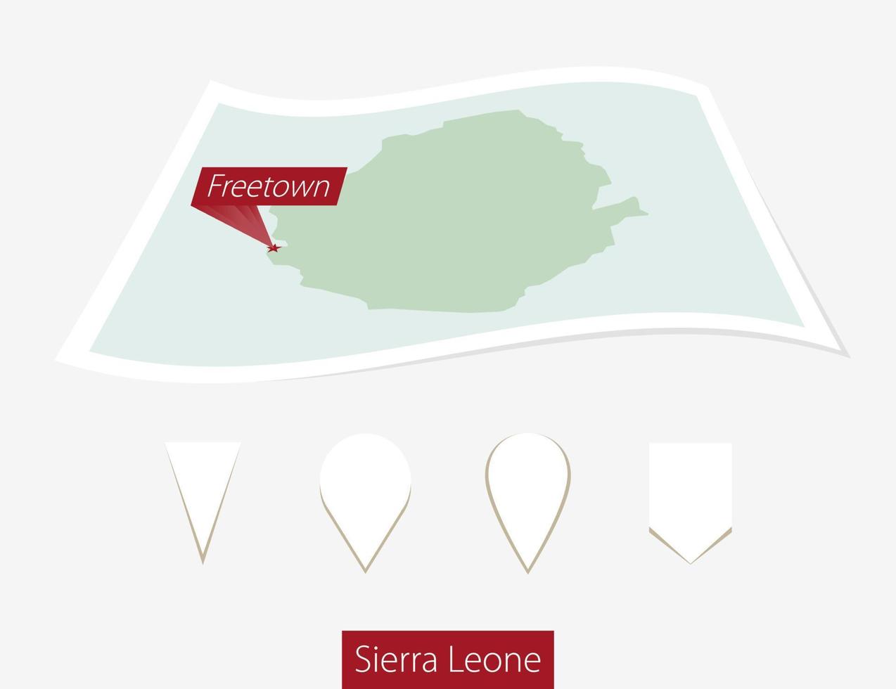 gebogen Papier Karte von Sierra leone mit Hauptstadt Freetown auf grau Hintergrund. vier anders Karte Stift Satz. vektor