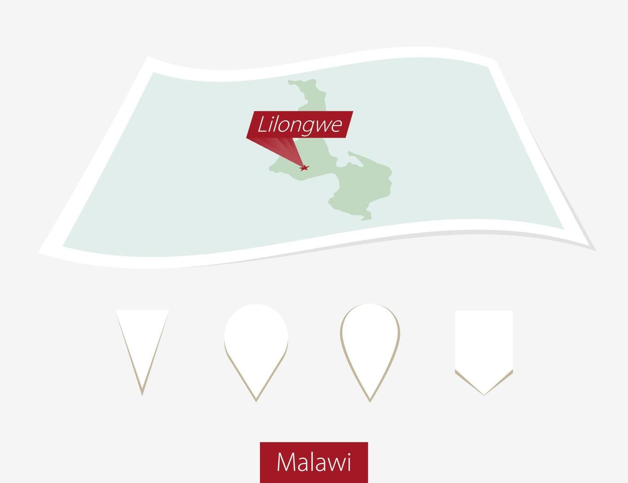 gebogen Papier Karte von Malawi mit Hauptstadt lilongwe auf grau Hintergrund. vier anders Karte Stift Satz. vektor