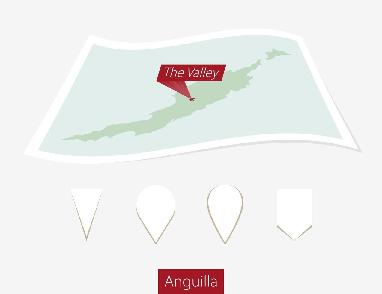böjd papper Karta av anguilla med huvudstad de dal på grå bakgrund. fyra annorlunda Karta stift uppsättning. vektor