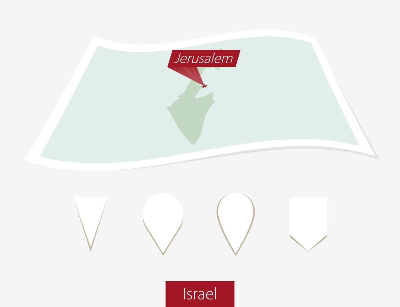 gebogen Papier Karte von Israel mit Hauptstadt jerusalem auf grau Hintergrund. vier anders Karte Stift Satz. vektor