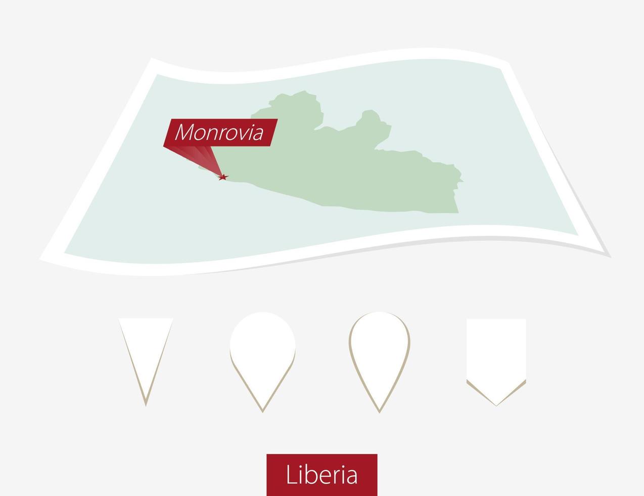 böjd papper Karta av Liberia med huvudstad monrovia på grå bakgrund. fyra annorlunda Karta stift uppsättning. vektor