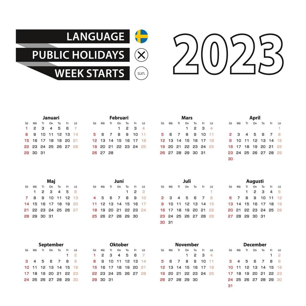 2023 kalender i svenska språk, vecka börjar från söndag. vektor