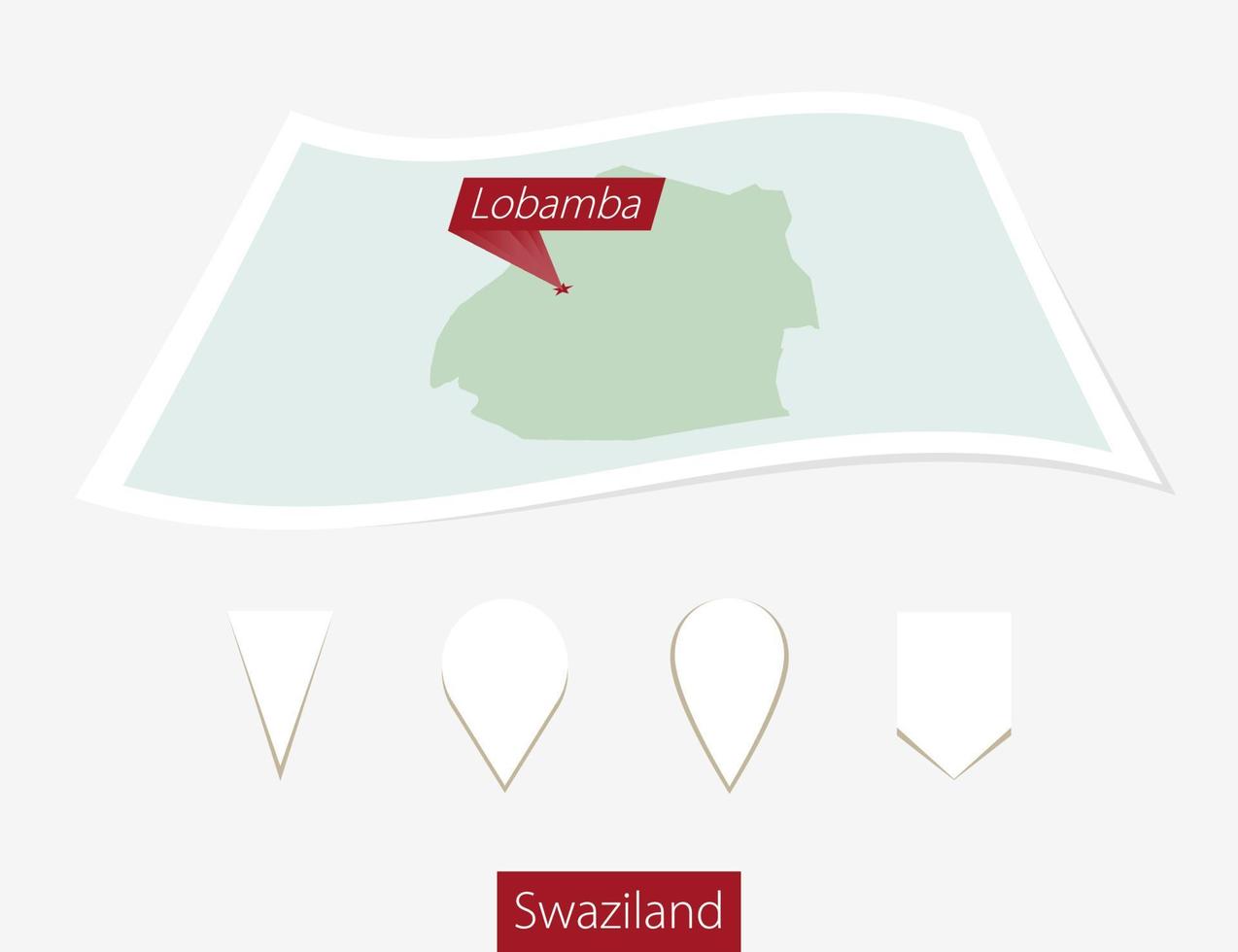 böjd papper Karta av swaziland med huvudstad lobamba på grå bakgrund. fyra annorlunda Karta stift uppsättning. vektor