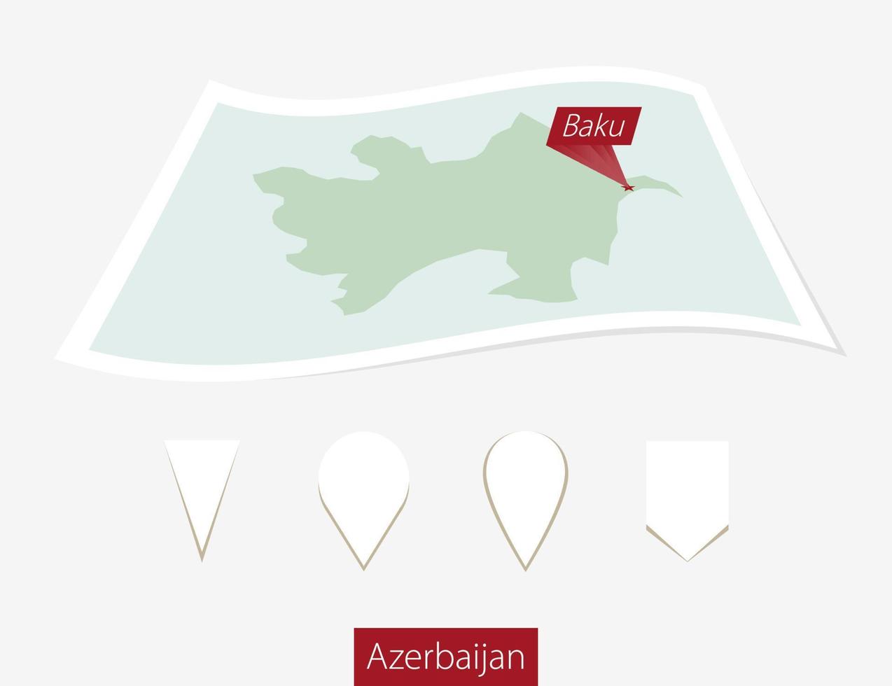 böjd papper Karta av azerbaijan med huvudstad baku på grå bakgrund. fyra annorlunda Karta stift uppsättning. vektor