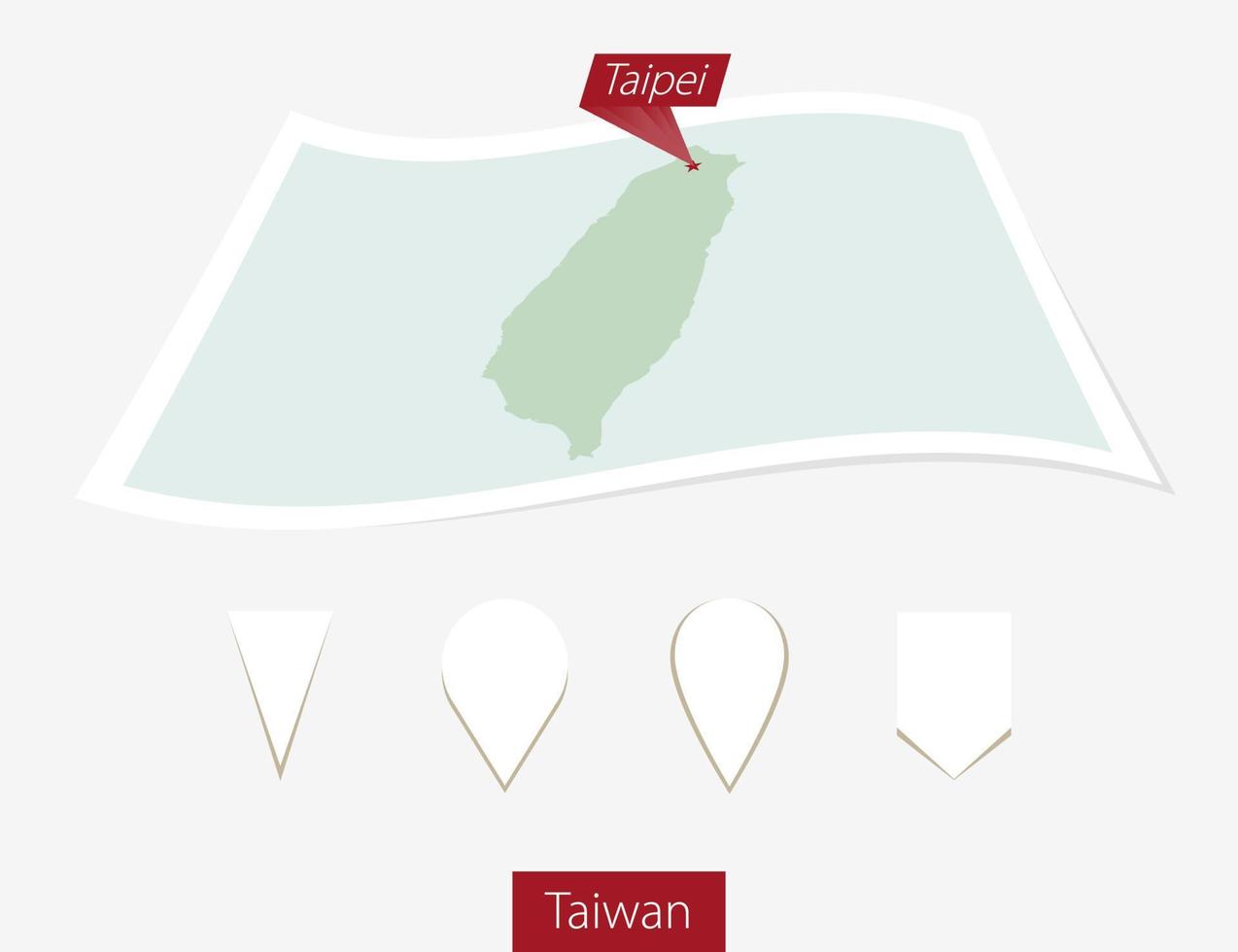 gebogen Papier Karte von Taiwan mit Hauptstadt Taipeh auf grau Hintergrund. vier anders Karte Stift Satz. vektor