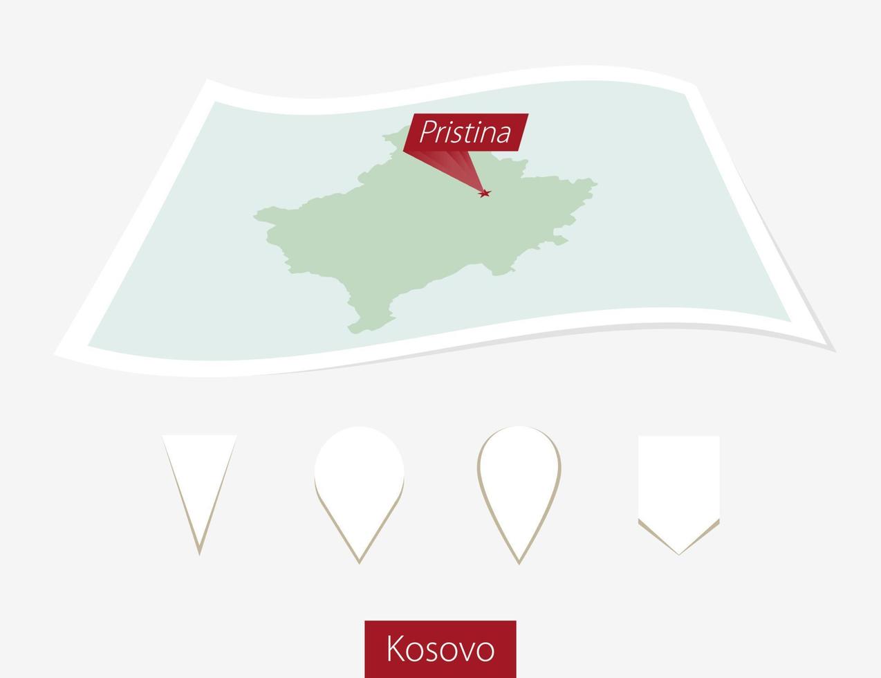 böjd papper Karta av kosovo med huvudstad pristina på grå bakgrund. fyra annorlunda Karta stift uppsättning. vektor