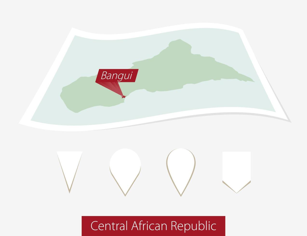 gebogen Papier Karte von zentral afrikanisch Republik mit Hauptstadt bangui auf grau Hintergrund. vier anders Karte Stift Satz. vektor