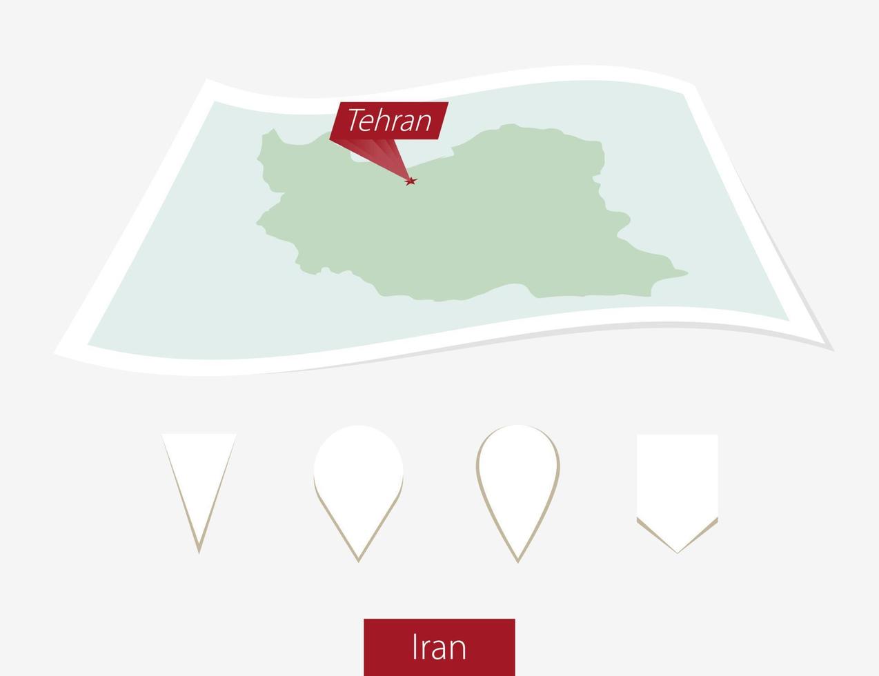 böjd papper Karta av iran med huvudstad tehran på grå bakgrund. fyra annorlunda Karta stift uppsättning. vektor