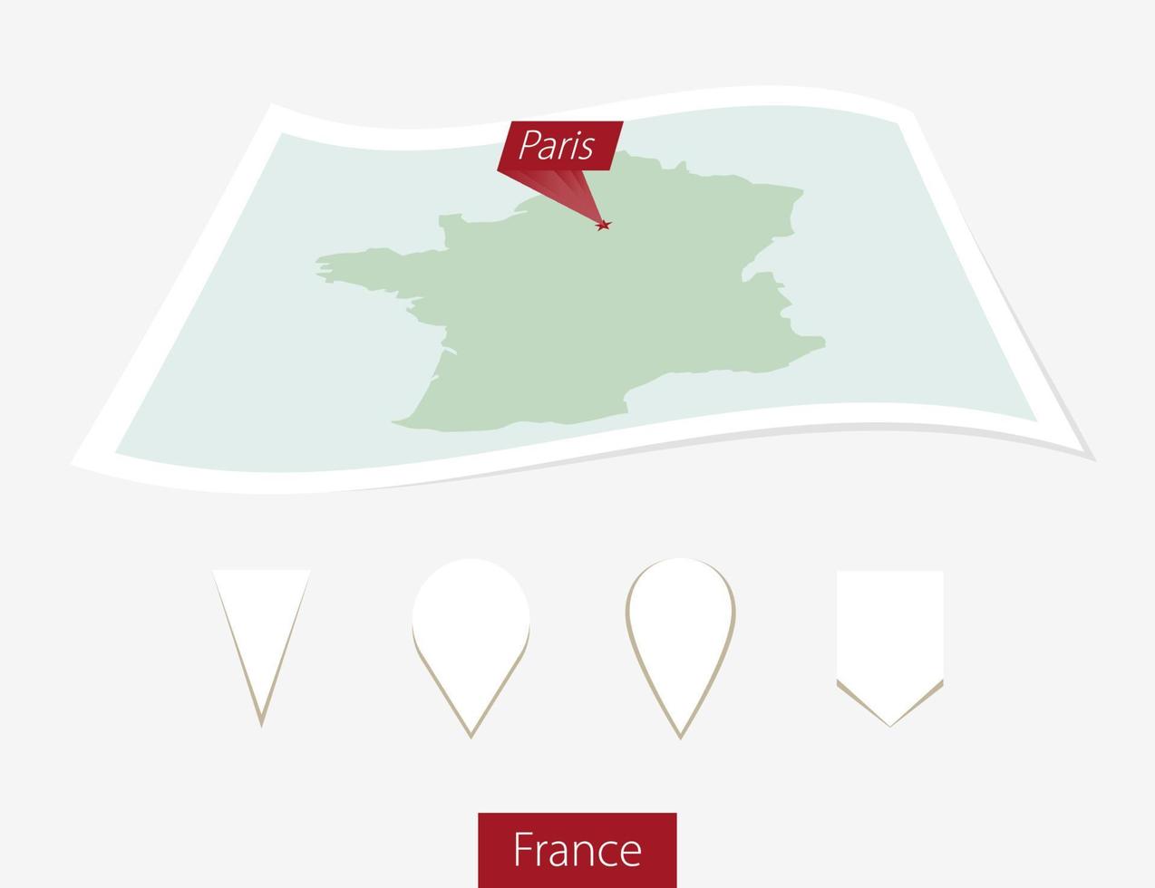 böjd papper Karta av Frankrike med huvudstad paris på grå bakgrund. fyra annorlunda Karta stift uppsättning. vektor