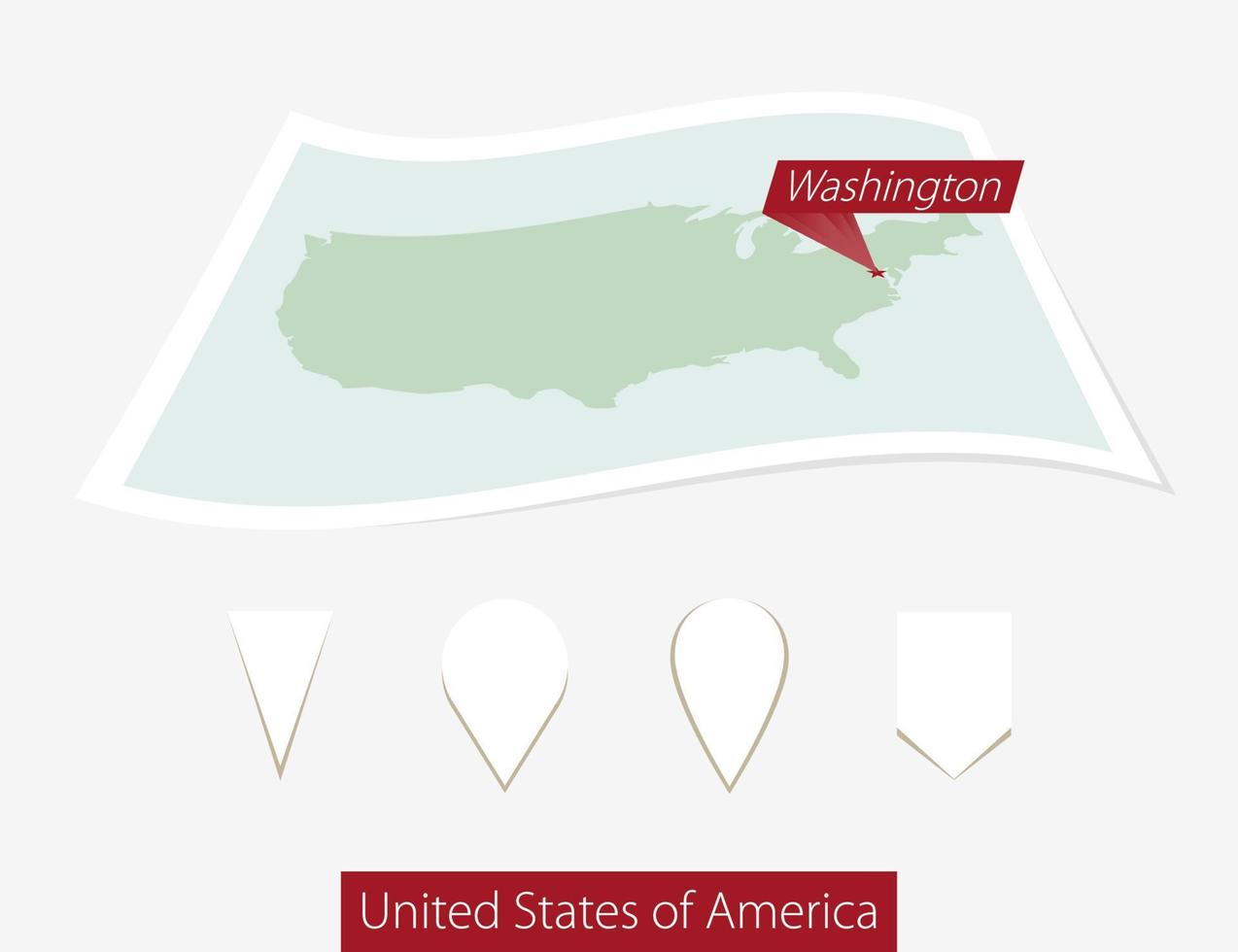 böjd papper Karta av USA med huvudstad Washington på grå bakgrund. fyra annorlunda Karta stift uppsättning. vektor