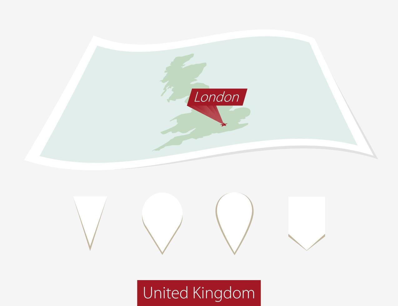 gebogen Papier Karte von vereinigt Königreich mit Hauptstadt London auf grau Hintergrund. vier anders Karte Stift Satz. vektor