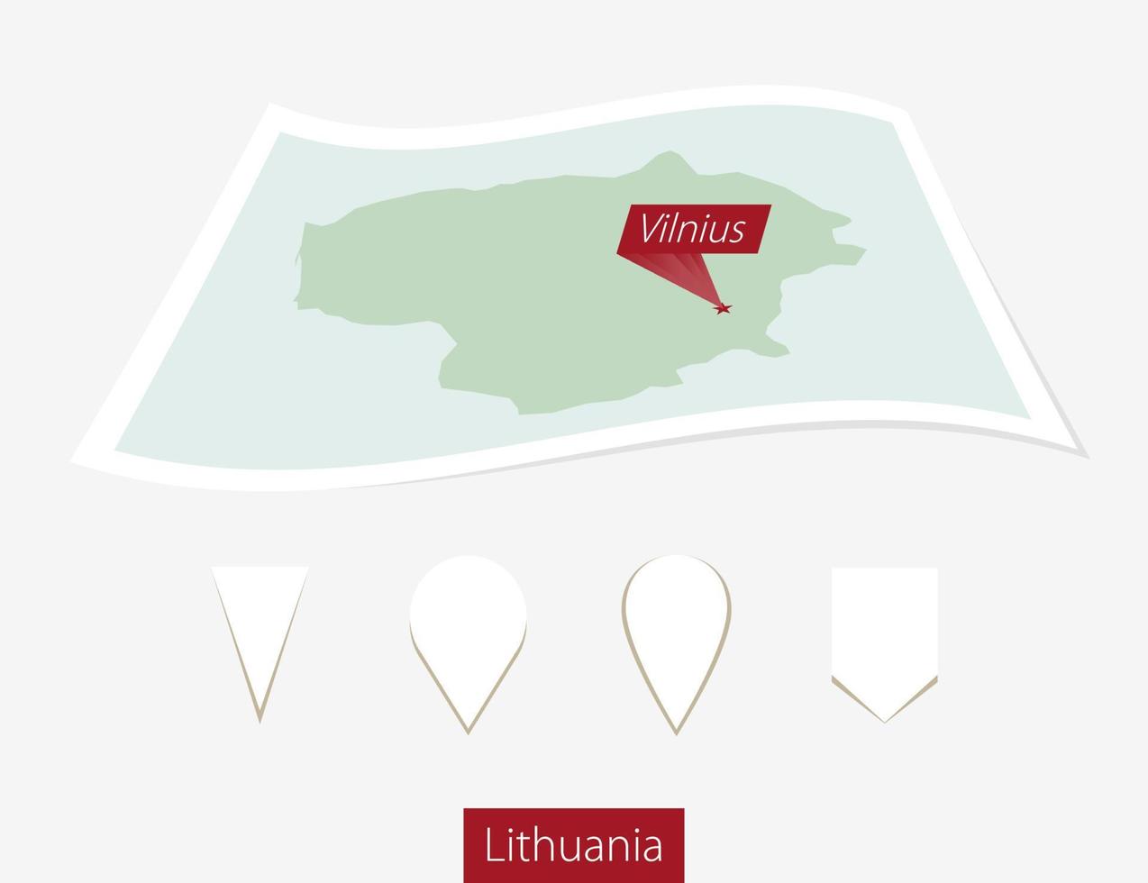 böjd papper Karta av litauen med huvudstad vilnius på grå bakgrund. fyra annorlunda Karta stift uppsättning. vektor