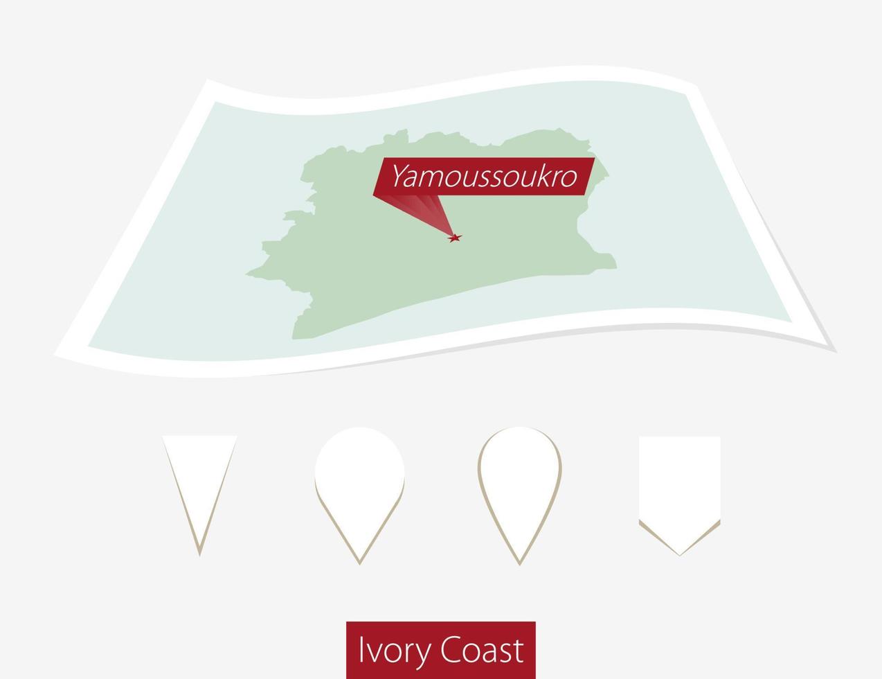 böjd papper Karta av elfenben kust med huvudstad yamoussoukro på grå bakgrund. fyra annorlunda Karta stift uppsättning. vektor