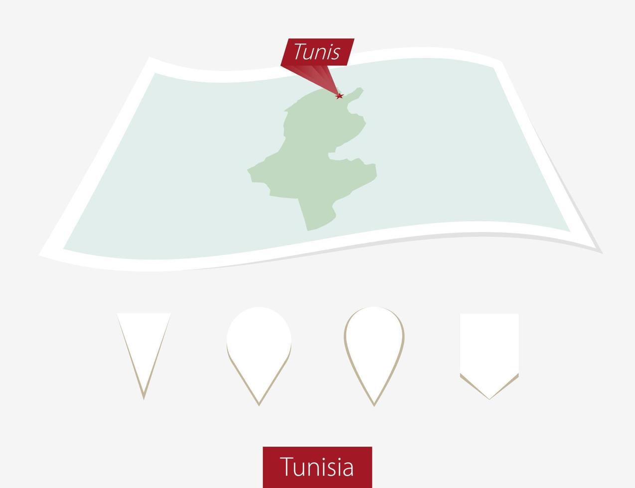 gebogen Papier Karte von Tunesien mit Hauptstadt tunis auf grau Hintergrund. vier anders Karte Stift Satz. vektor