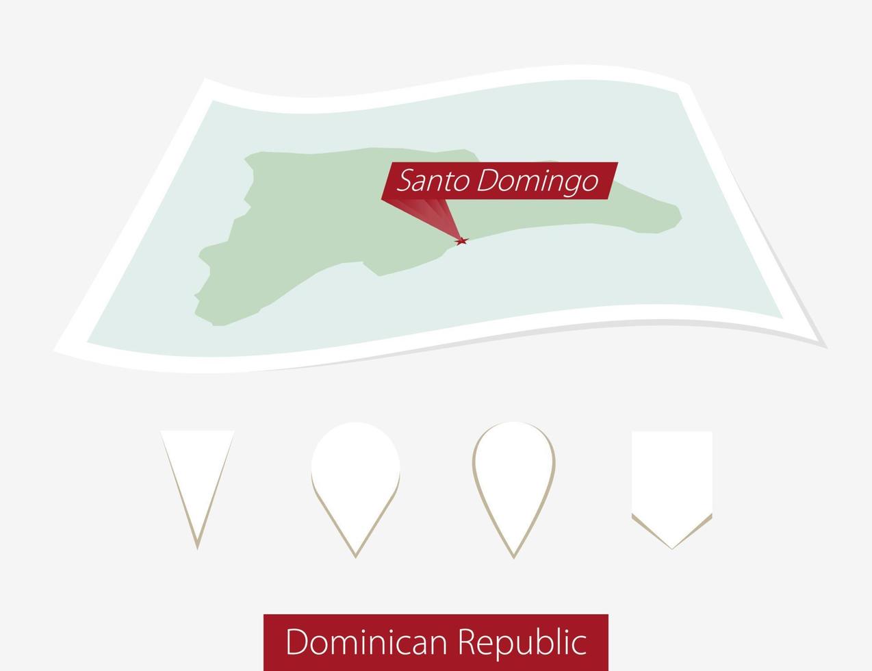 gebogen Papier Karte von dominikanisch Republik mit Hauptstadt Santo Domingo auf grau Hintergrund. vier anders Karte Stift Satz. vektor