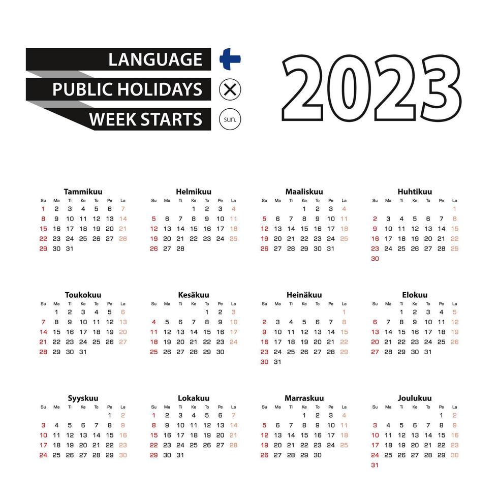 2023 Kalender im finnisch Sprache, Woche beginnt von Sonntag. vektor