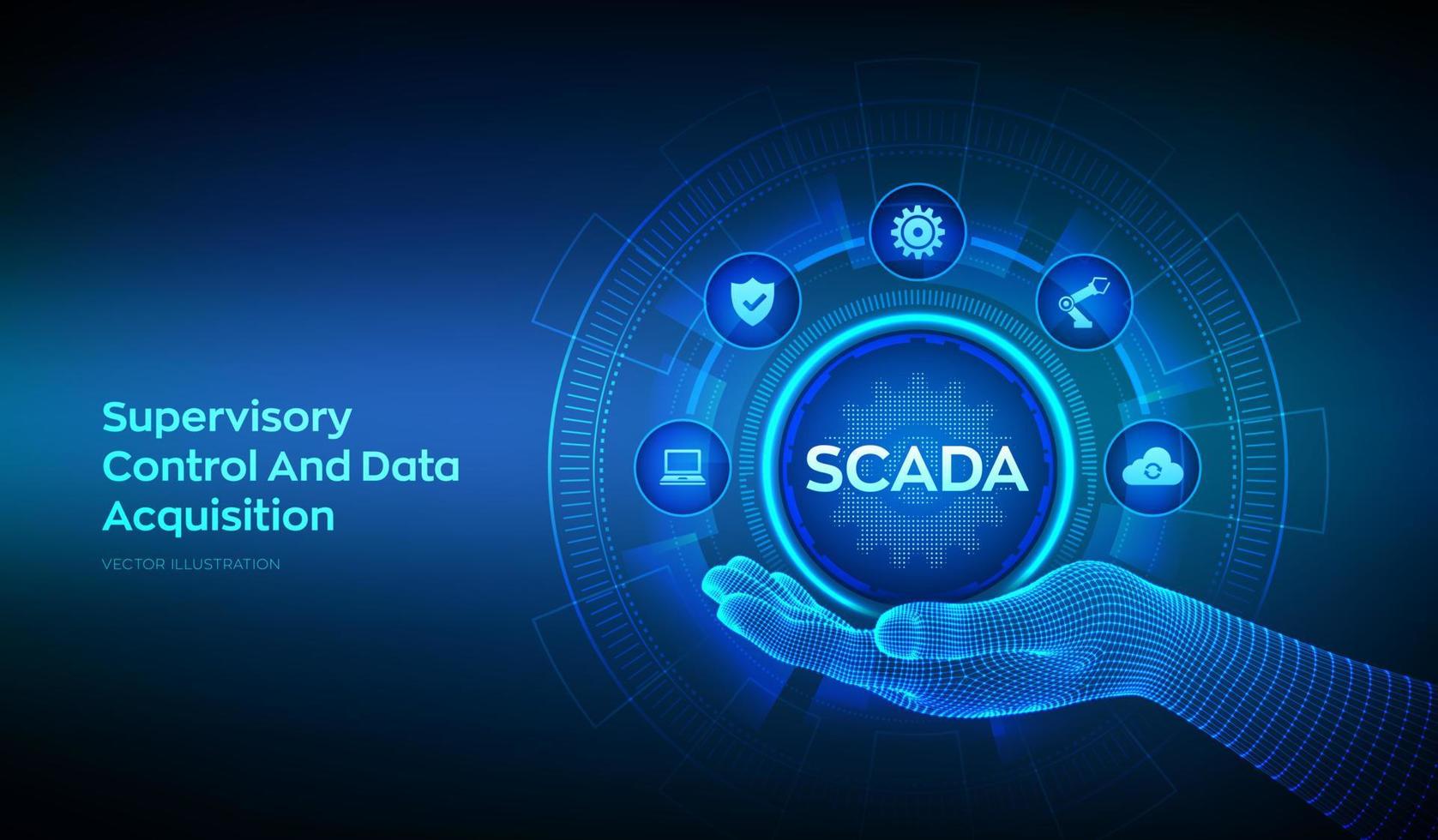 scada System Symbol im Drahtmodell Hand. Aufsicht Steuerung und Daten Erwerb Technologie Konzept. Steuerung System die Architektur umfassend Computers, vernetzt Daten Kommunikation. Vektor Illustration.