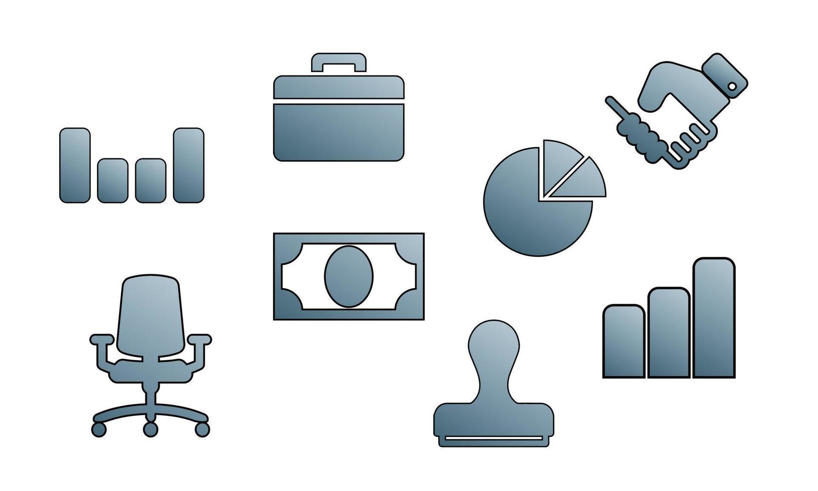 företag ikoner uppsättning i lutning Färg - stock, portfölj, räkningen, stol, tårtdiagram, stämpel, handslag, soffa, vektor stroke illustration.