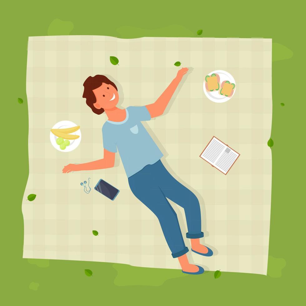 ung man liggande på filt nära smörgås, frukt och bok, utomhus- aktivitet, picknick tid stock vektor illustration. topp se av Lycklig karaktär. vektor illustration